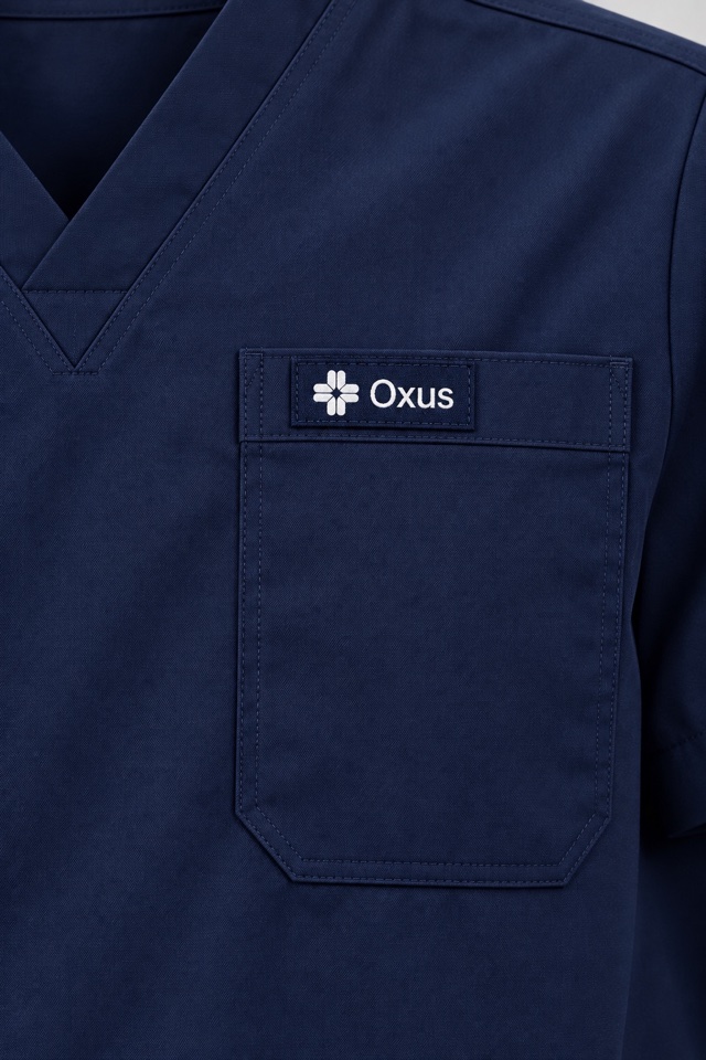 Close-up of the Oxus chest badge and fabric stitching