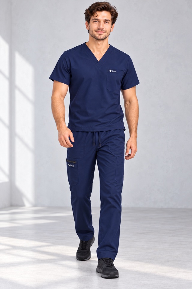 Oxus Navy scrubs in motion with black trainers