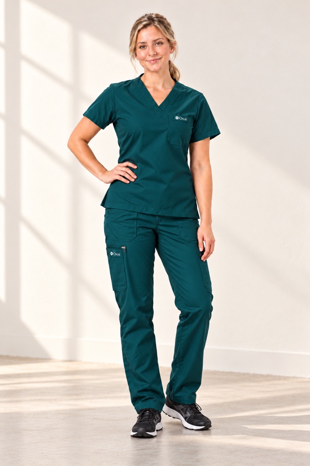 Oxus Deep Teal scrubs with a relaxed, hand-on-hip pose